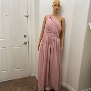 Pink Asymmetrical Off One Shoulder Gown Sleeveless Silky Adjustable Tie Back
